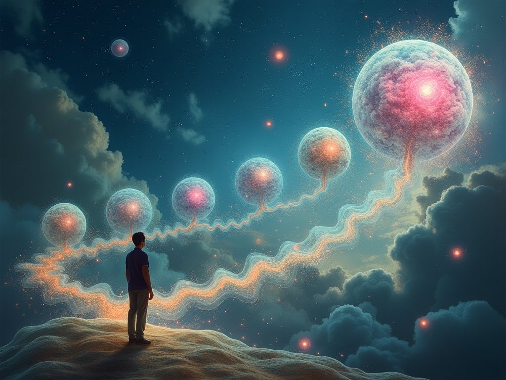 Abstract visualization of the 7-day blockchain course structure with ethereal day-by-day progression and learning milestones in dreamlike style