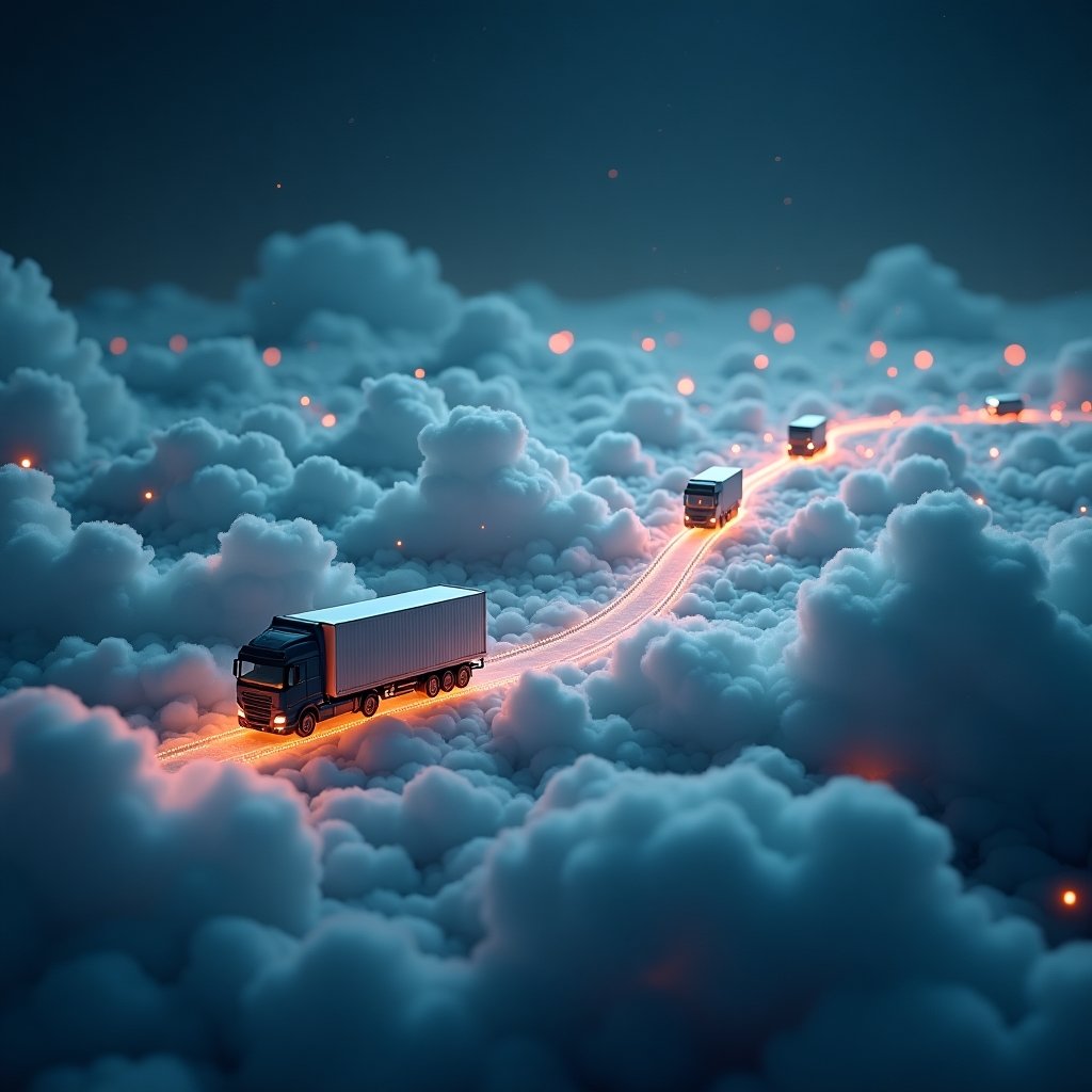 Surreal visualization of a supply chain system with glowing nodes representing tracking points in an ethereal digital landscape