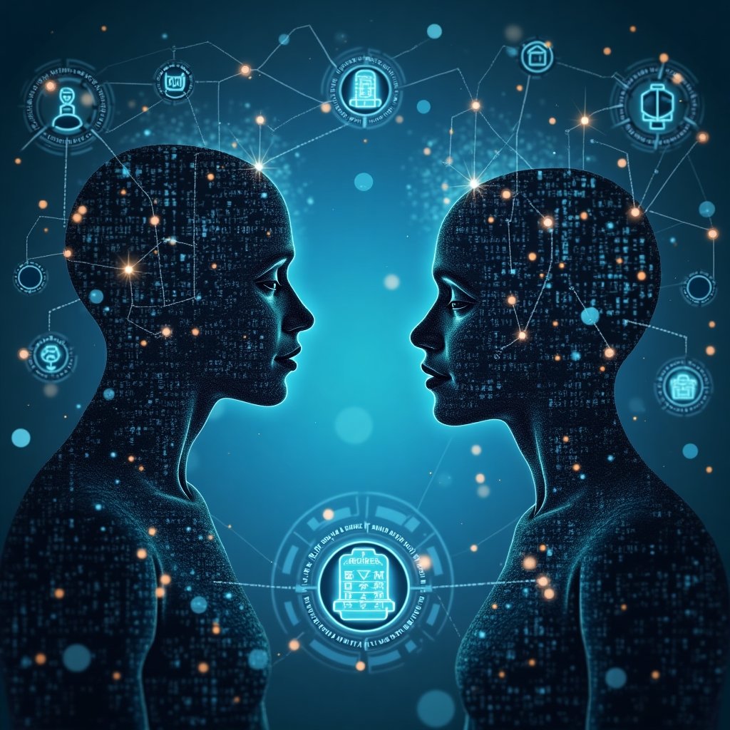 Dreamlike depiction of a decentralized digital identity system with abstract user profiles connected through ethereal data streams