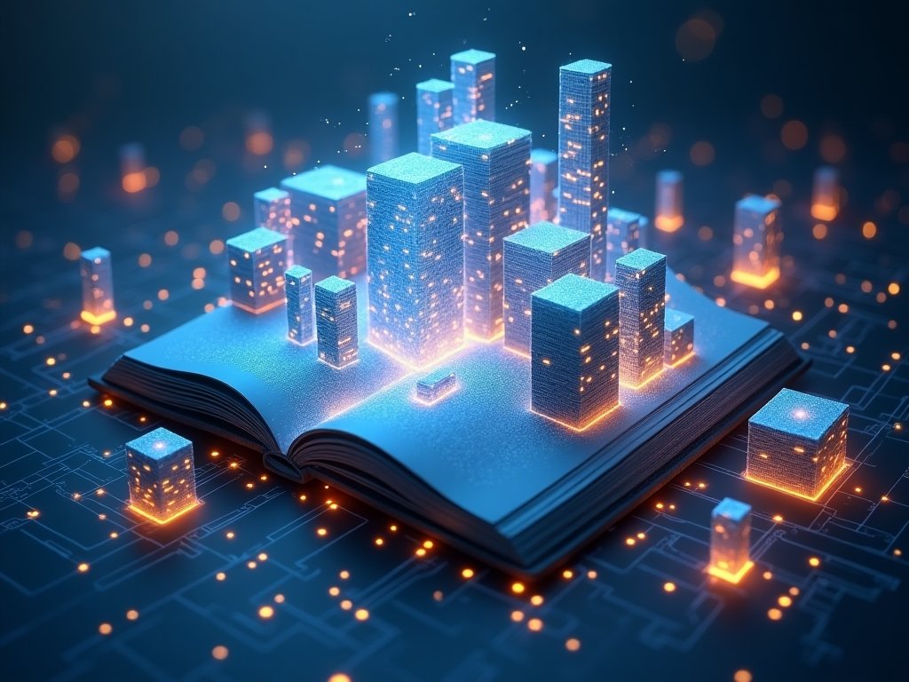 Abstract digital visualization of blockchain fundamentals with connected nodes and data blocks in a surreal landscape